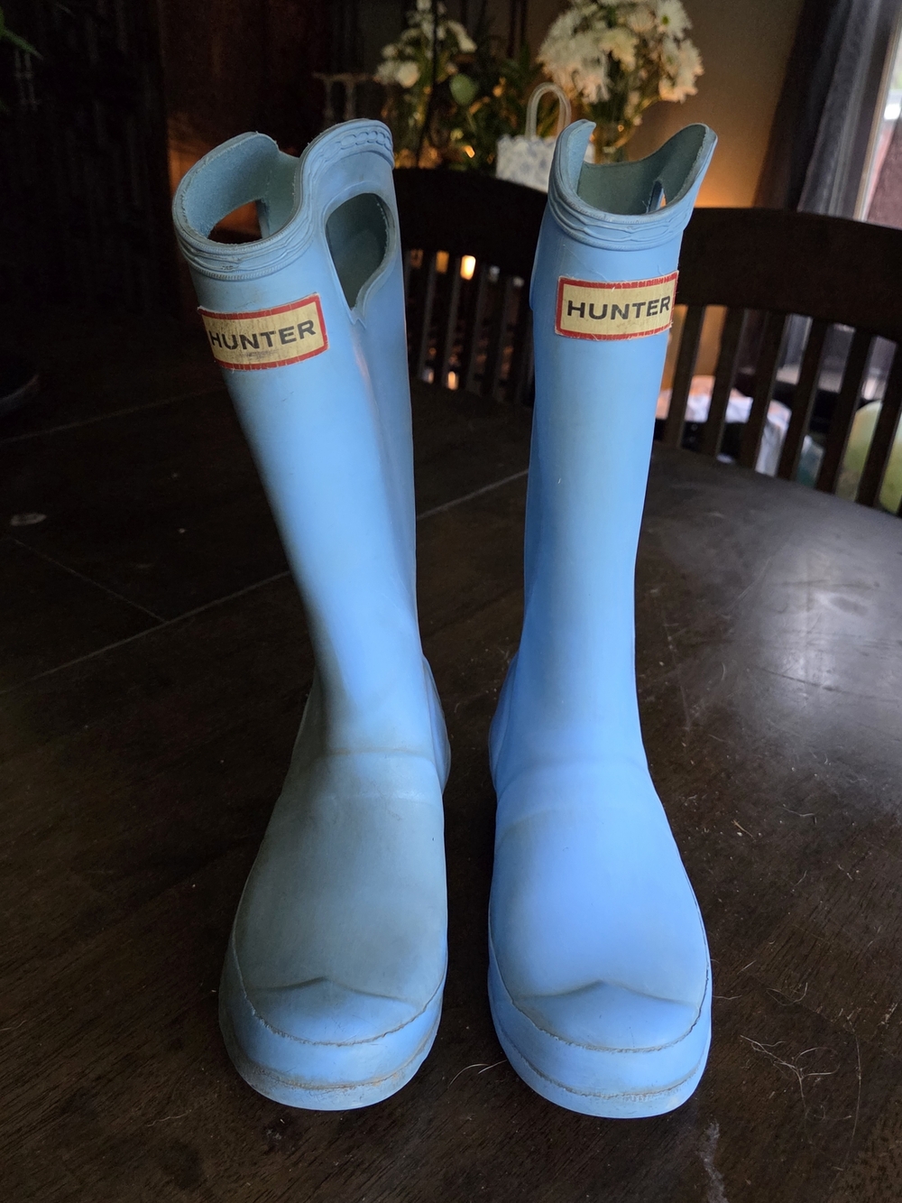 Kids Hunter Light Blue Tall Rain Boots with Pull Handles